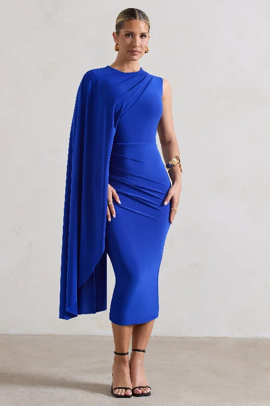 Women's Sheath DressesReveal | Royal Blue One-Sleeve Cape Midi Dress