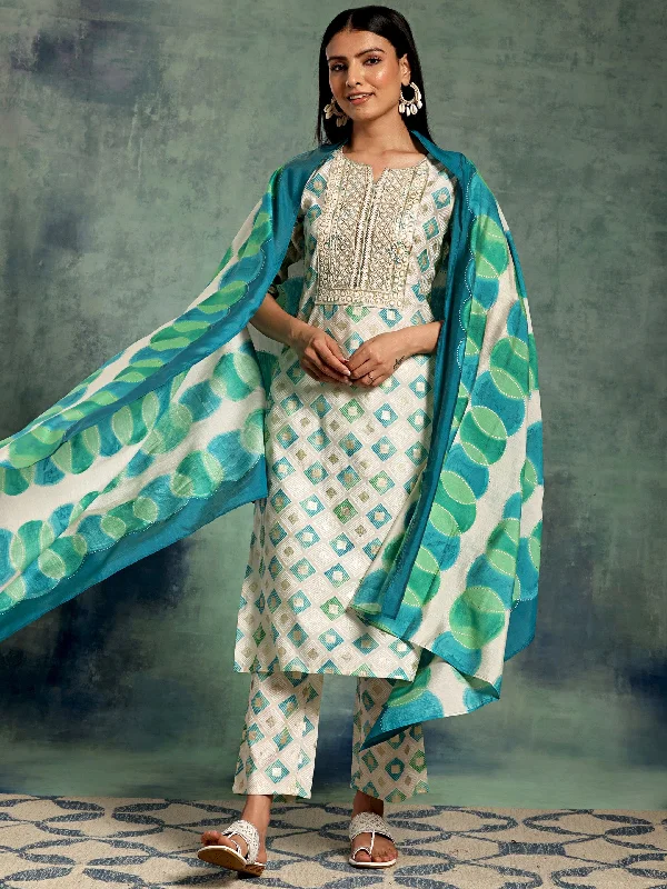 Women's Jumpsuits with Collarless NeckOff White Printed Silk Blend Straight Suit With Dupatta