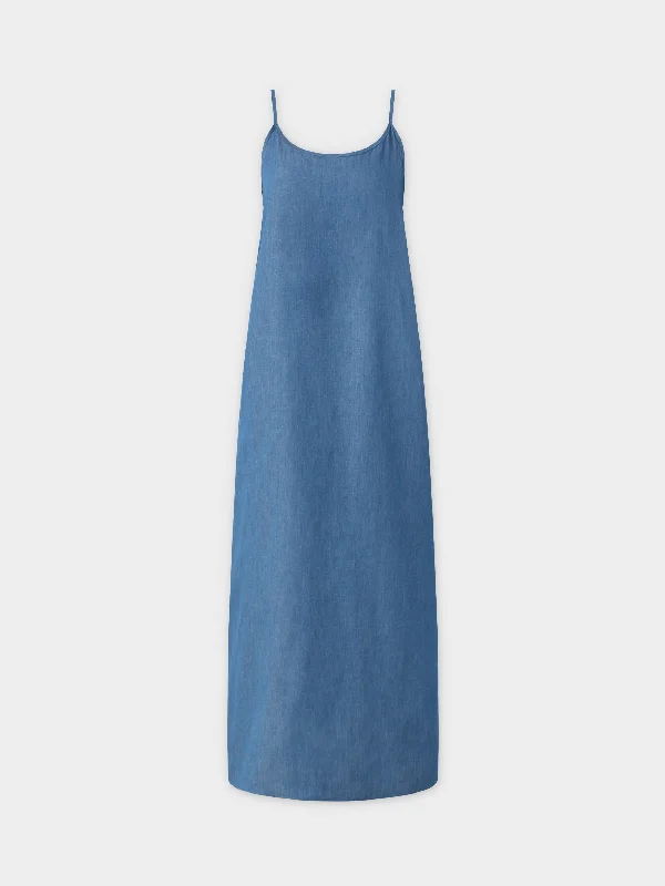 Women's Low Collar DressesSOLID CREW NECK SLIP DRESS-BLUE DENIM