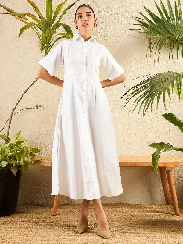 Women's Round-Neck DressesFit and Flare Cotton Shirt Dress