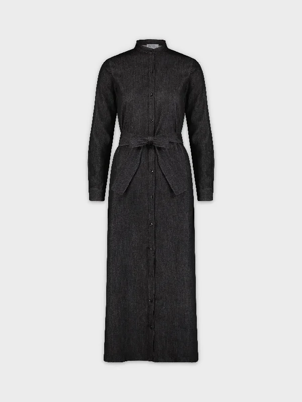 Women's U-Shaped-Neck DressesLONG SHIRTDRESS-BLACK DENIM