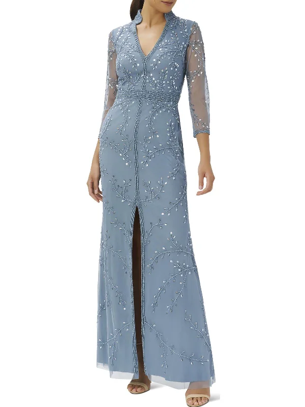 Women's Collarless DressesPetites Womens Beaded Embellished Evening Dress