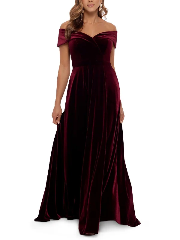 Women's Square Collar DressesPetites Womens Velvet Off-The-Shoulder Evening Dress