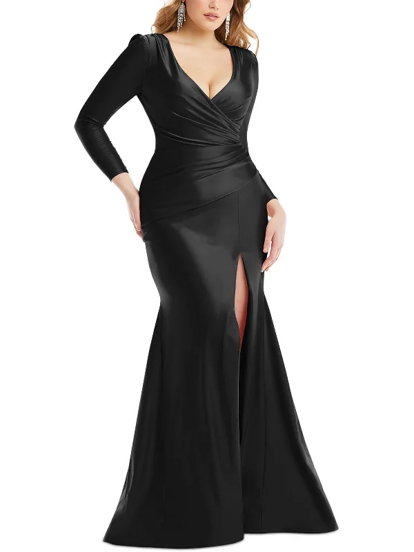 Women's Shawl Collar DressesWomens Ruched Long Sleeves Evening Dress