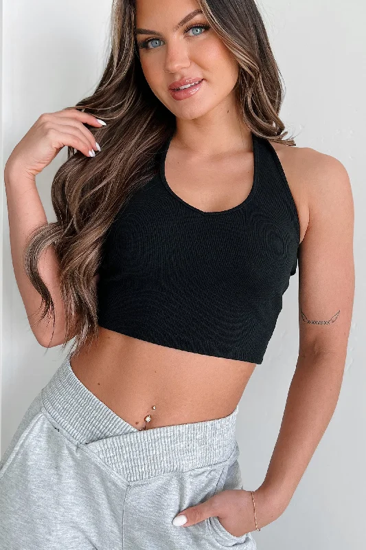 Women's Blouse with V-Shaped CollarAlive & Well Ribbed Halter Crop Top (Black)