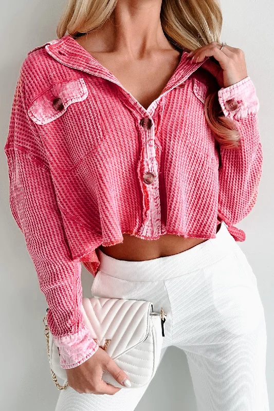 Women's Blouse with Notched CollarPromise Of Fall Acid Wash Waffled Crop Shacket (Fuchsia)