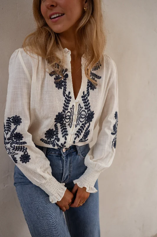 Women's Blouse with FlouncesEcru and Blue Embroidered Salome Blouse