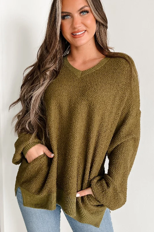 Women's Blouse with V-Shaped CollarSincerely Snuggly Hooded Popcorn Texture Sweater (Olive)