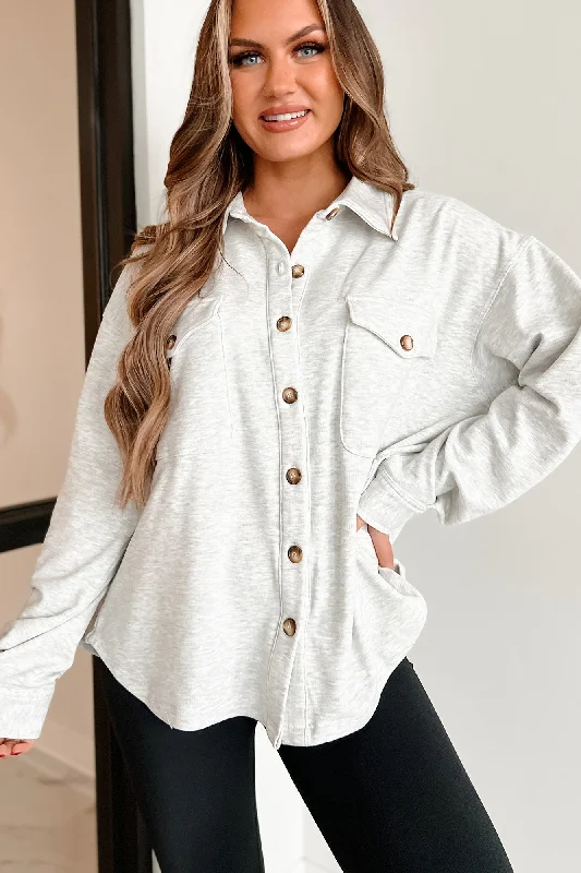 Women's Blouse with High CollarWorry Less Lightweight Shacket (Heather White)