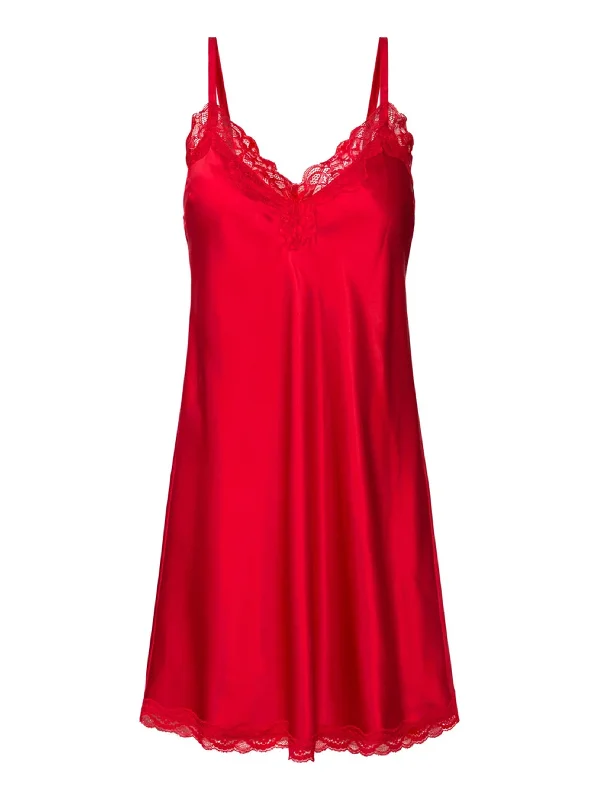 women's pajamas featuring floral embroideryWomen's Lace Trim Satin Sleepwear Dress,Red