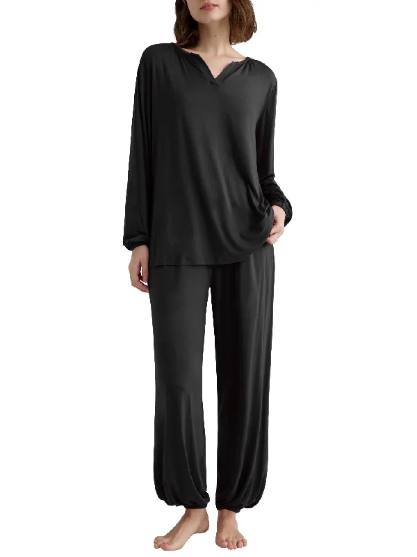 women's pajamas featuring floral embroideryWomen's Viscose Palazzo Lounge Pants Long Sleeve Pajama Set