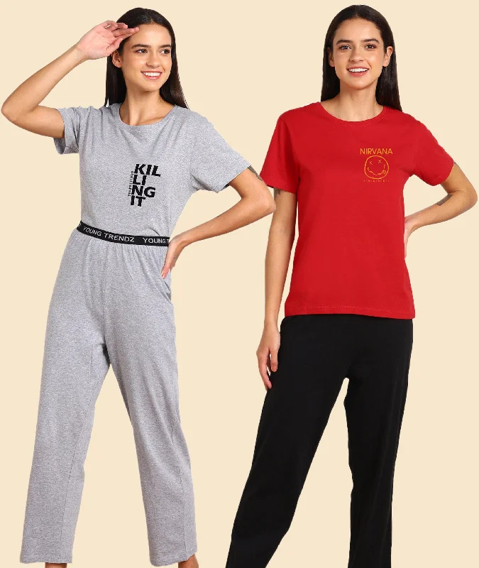 cozy women's flannel pajamasWomen Printed T-shirt & Pyjama Set Pure Soft Cotton - Combo Set