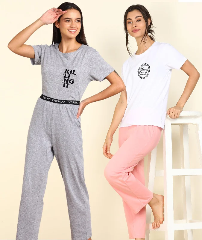 women's pajamas with a playful printWomen Printed T-shirt & Pyjama Set Pure Soft Cotton - Combo Set