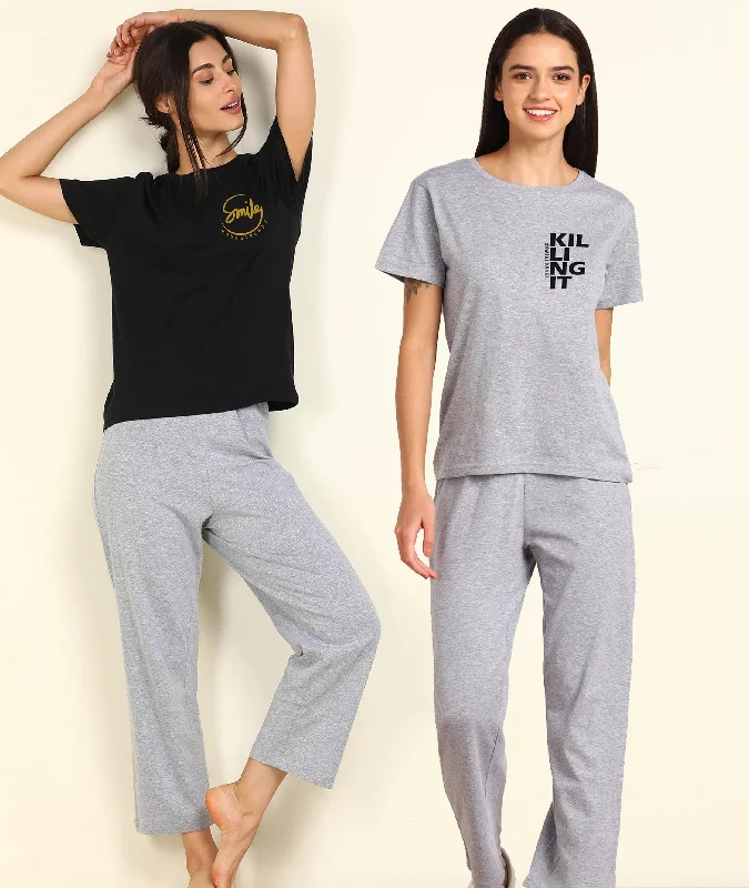 women's pajamas featuring animal printsWomen Printed T-shirt & Pyjama Set Pure Soft Cotton - Combo Set