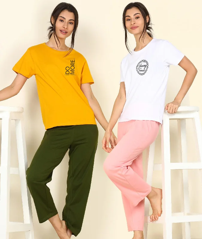 women's pajamas in solid colorsWomen Printed T-shirt & Pyjama Set Pure Soft Cotton - Combo Set