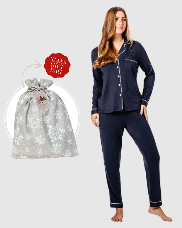 women's pajamas with a vintage lookBamboo PJ Set Xmas Gift Bag Navy