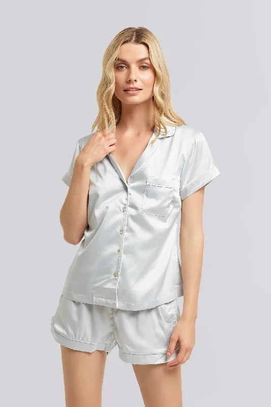 women's pajamas with hidden pocketsClassic Grace Short Pyjama Set - Eggshell Blue with White Piping