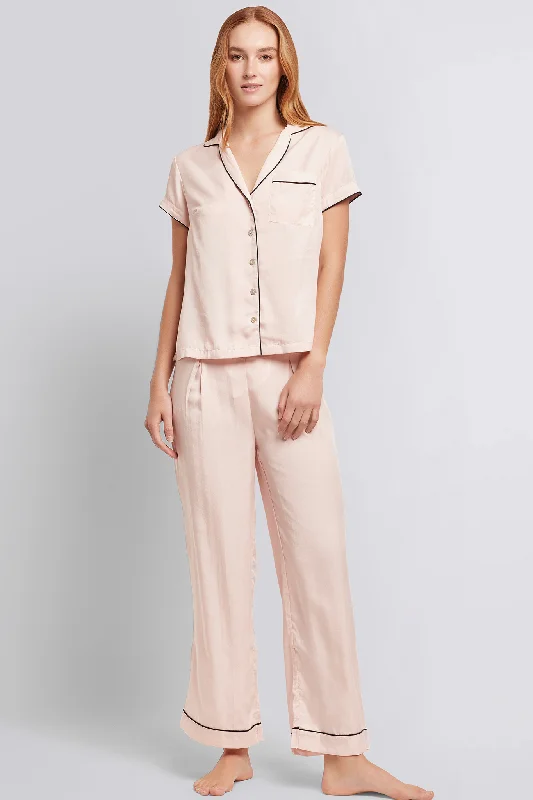 women's pajamas for all-night comfortEva Short Sleeve with Long Pant Tencel™ Pyjama Set - Blush with Black Piping