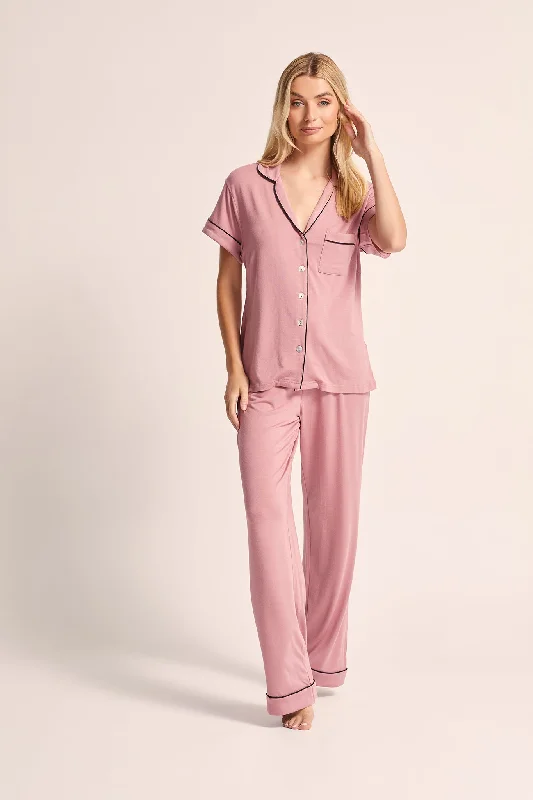 women's pajamas featuring animal printsPetra Tencel™ Short Sleeve with Long Pant Pyjama Set - Dusty Rose with Black Piping